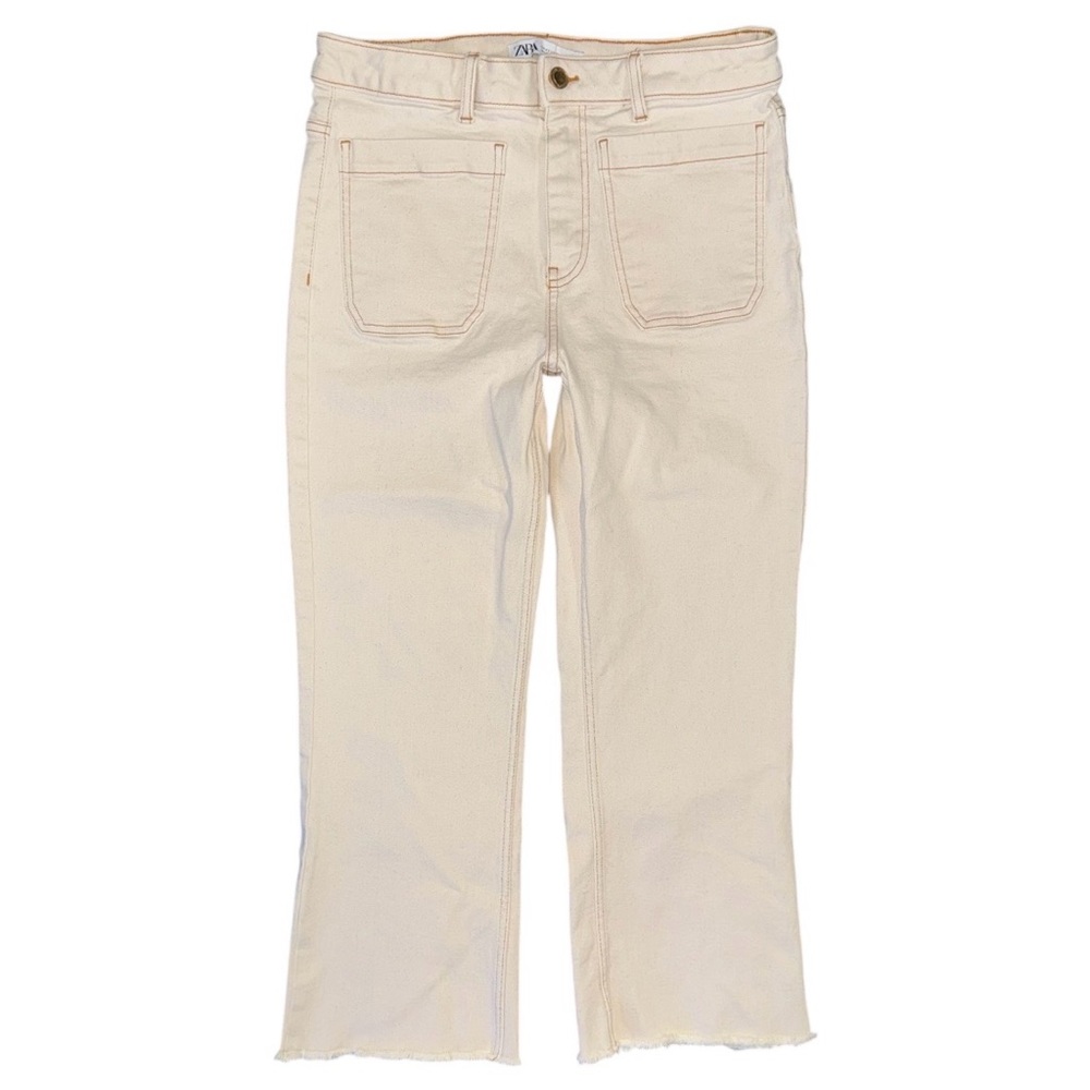 Zara High Waist Mini Flare Jeans Beige Cream Raw Hem 10 Preppy Boho Patch Pocket